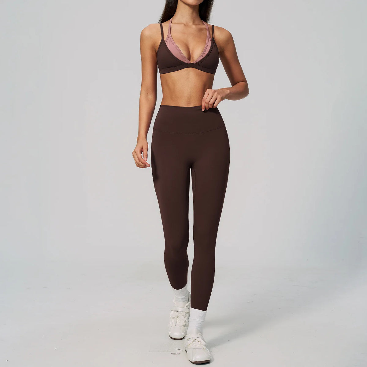 NCLAGEN Women Sportwear Fake 2 Piece Thin Strap Sports Suit Casual Running Bra Pants Workout Outfit Activewear Pilates Yoga Set