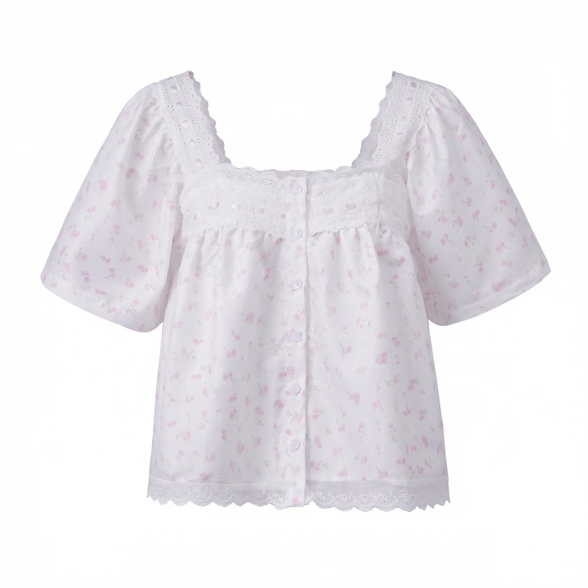 Women's Retro Casual Babydoll Blouse Summer Loose Fit Tops Lace Trim Short Sleeve Square Neck Button Up Shirts