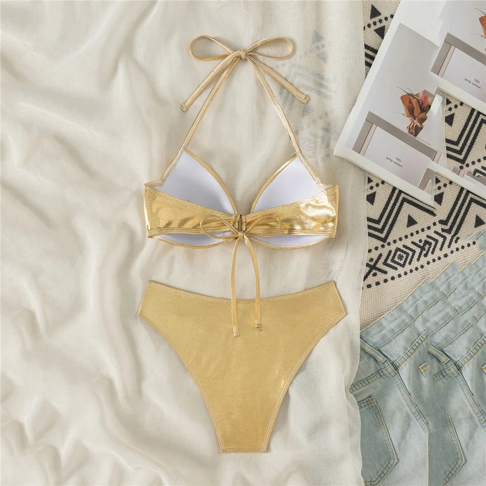 Shiny Gold String Halter Push Up Bikini Donna Sexy Swimsuit Women Back Lace-up Swimwear 2025 High Cut Bathing Suit Bikinis Sets