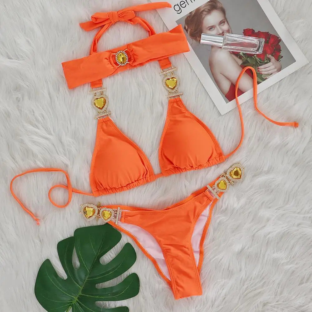 DEKA Rhinestone Love Heart Bikini Set Women Diamond SwimsuitCrystal Luxury Push Up Metal Thong Swimwear