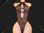 Sexy Leopard Print Halter Neck Bodysuit for Women, Backless Deep V Hollow Out Teddy Lingerie with Rhinestone Heart Decor