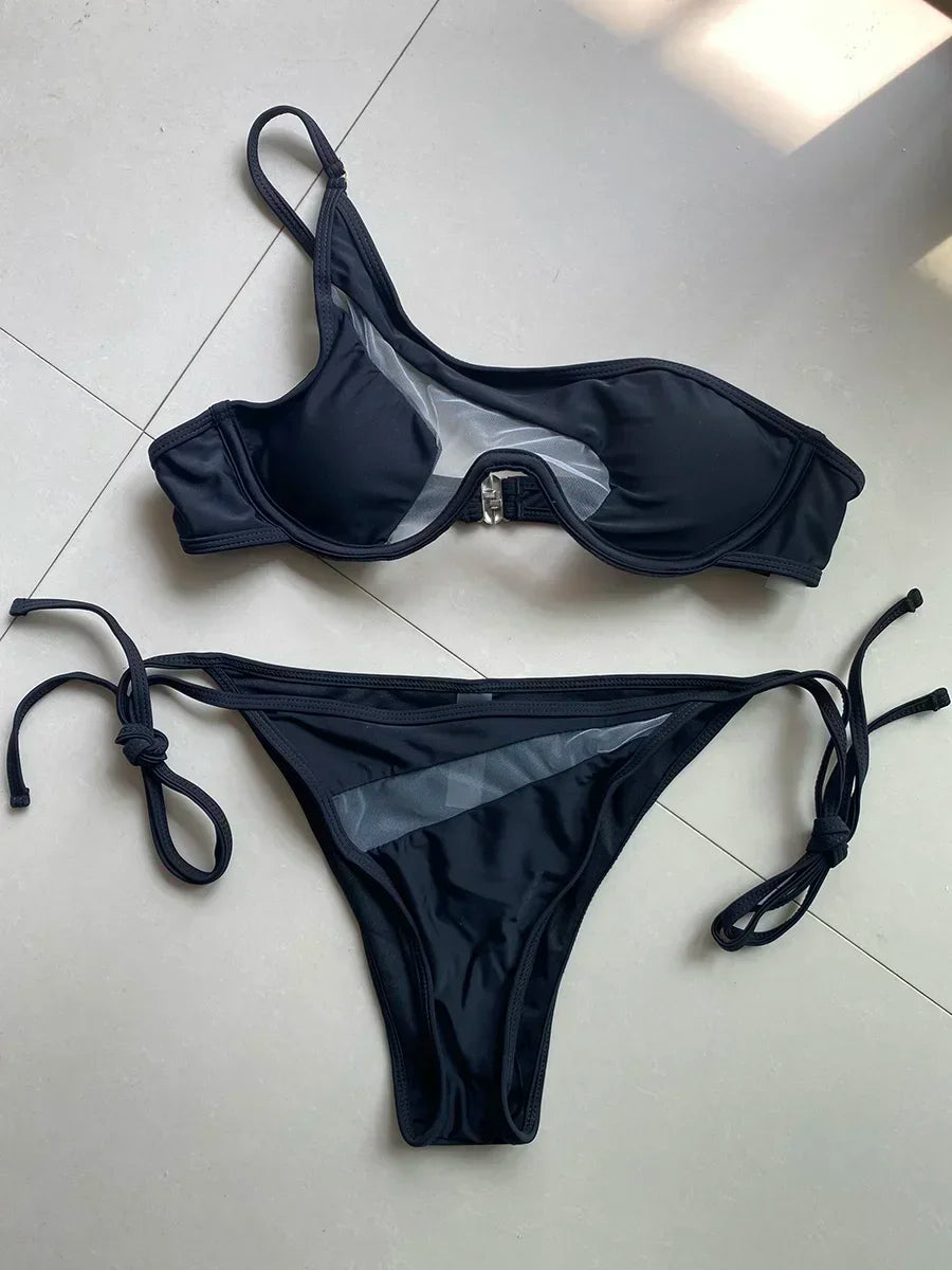 Splicing Black Mesh Underwired Bikini women swimsuit female swimwear Two pieces Bikini set High cut Bather Bathing suit Swim