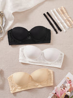 3PCS Women Demi Cup Lace Bra Detachable Straps Underwire Push Up Brassiere Sexy Stylish Strapless Lingerie