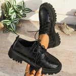 Women Crocodile Pattern Lace‑Up Oxford Shoes Faux Leather Lug‑Sole Platform Round‑Toe Vintage Casual Business Daily Shoes