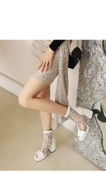 White Polka Dot Mesh Peep Toe Chunky Block Heel Platform Back Zipper Ankle Sandal Boots for Women