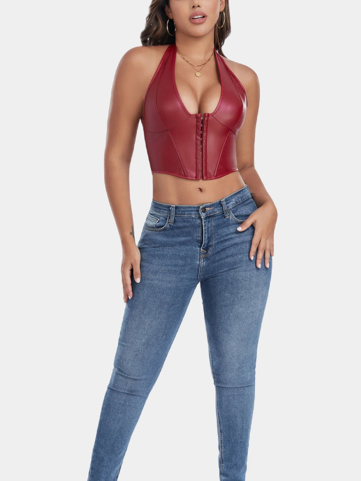 Pure Color Fishbone Shapewear Top Women's PU Leather Neck Buttoned Vest Market Style Underwear And Clothing