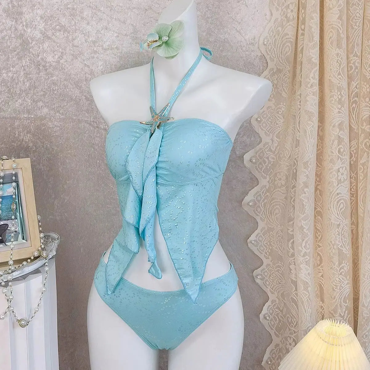 DEKA Women Blue Ruffled Tankini 2-Piece Swimsuit with Starfish Metal Halter Neck Top & High Waist Bottom Children Bathing Suits