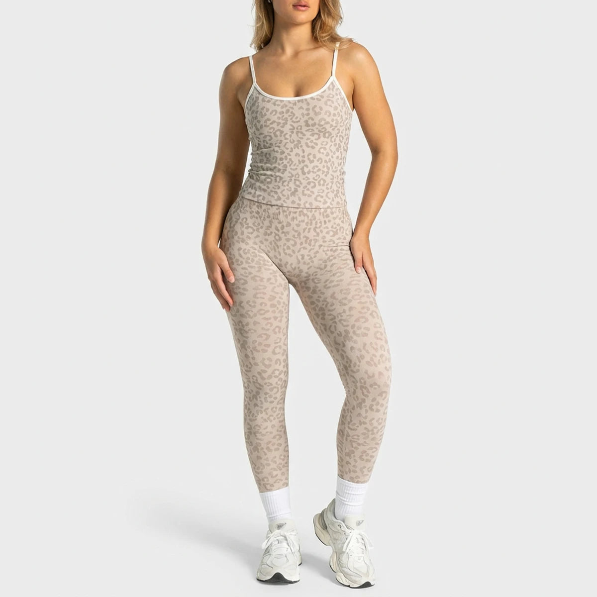2Pcs Women Leopard Print Yoga Outfit Adjustable Strap Camisole Top High Waist Stretch Leggings Sports Pilates Workout Suit
