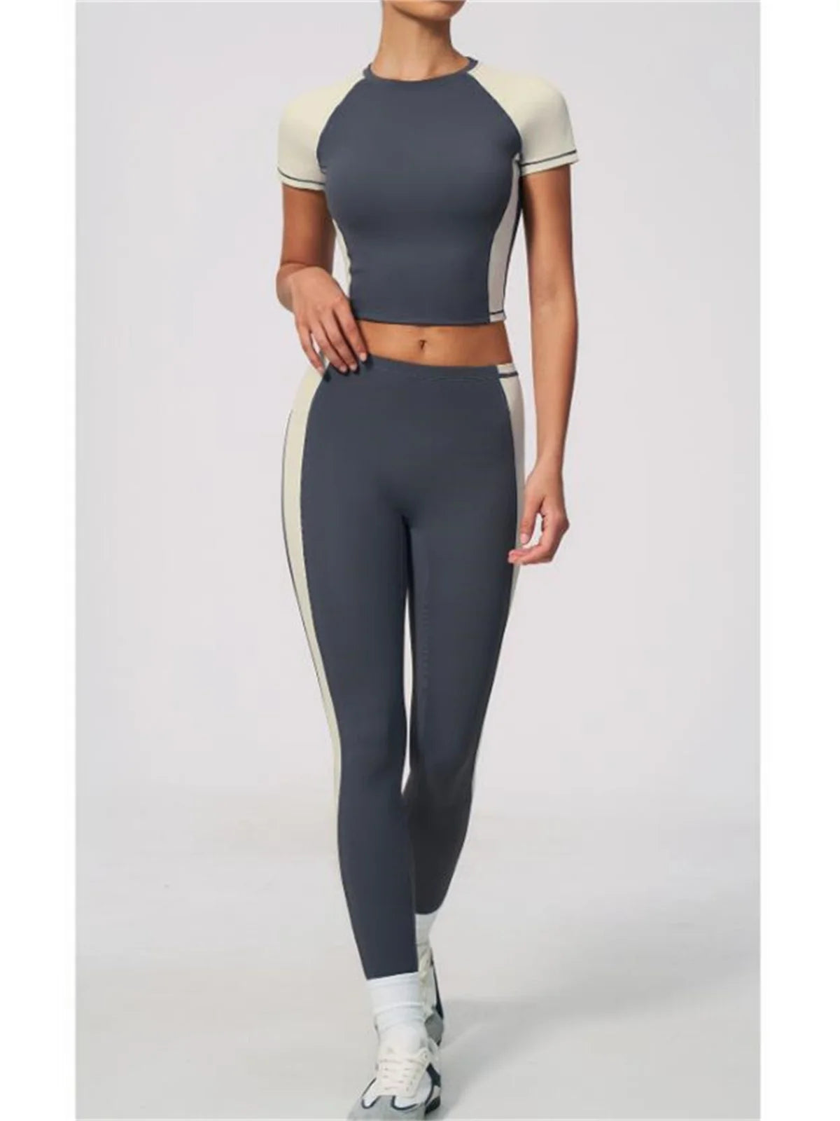Nake Yoga Set Women's Tracksuit Color Contrast Short Sleeve Slim Sports T Shirts High Waist Leggings Fitness Clothes Gym Outfits