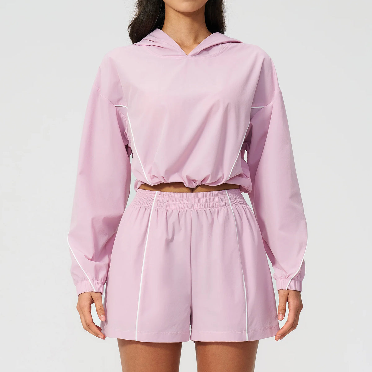 Summer Sun Protection Yoga Suit Women Contrasting Colors Long Sleeve Hoodies Top High Waist Shorts Running Fitness Athletic Wear
