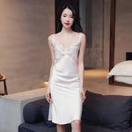 Sexy Silk Nightgowns Lace Satin Nightdress New Summer Women Home Strap Sleepwear Lingerie Long Sleeping Dress