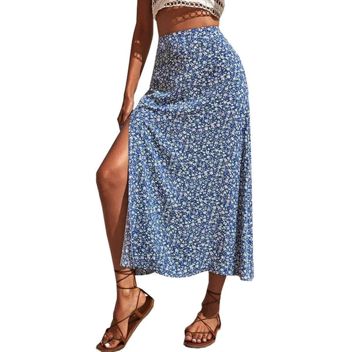 Harajuku Floral Print Long Skirt Vintage High Rise Straight Midi Skirts For Women Summer Skinny Bohemian Split Beach Skirts Y2k