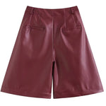 Burgundy Leather Wide Leg Shorts For Women High Waist With Pockets Stylish Daily Simple Casual Leather Button Zipper Shorts GQ6I