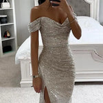 Evening Party Prom Dress Elegant V-Neck Off Shoulder Dress Sequin Pleated Short Sleeve Waist Tight Slim Sexy Split Long Dress