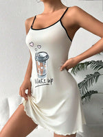 Summer Cute Letter Print Nightdress Women Nightgown Spaghetti Strap Mini Cami Lettuce Hem Contrast Trim Loungewear