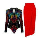 Black And Printed Long Sleeve Swimsuit With Cover Up Sexy Swimwear Women Surf Swim Suit Slimming Bathingsuit Bodysuit Beachwear