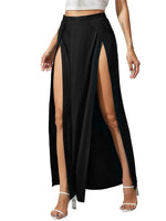 Women's Elastic High Waist Skirts Solid Color Side High Split Loose FitLong Skirts Beachwear