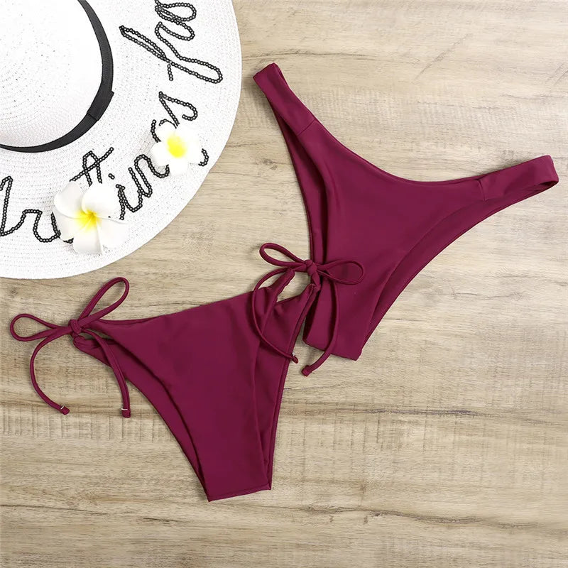 Sexy 3 Piece Bikini Set Women Solid Blue Purple Push Up Bandage Triangle Swimsuit Brazilian Beach Bathing Suit Swumwear Biquini