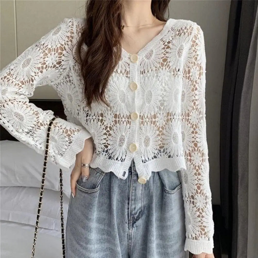 3/4 Sleeve Hollow Out Open Front Sheer Sweater Crochet Cardigan for Women Lightweight Boho Summer Beach Knit Shrug