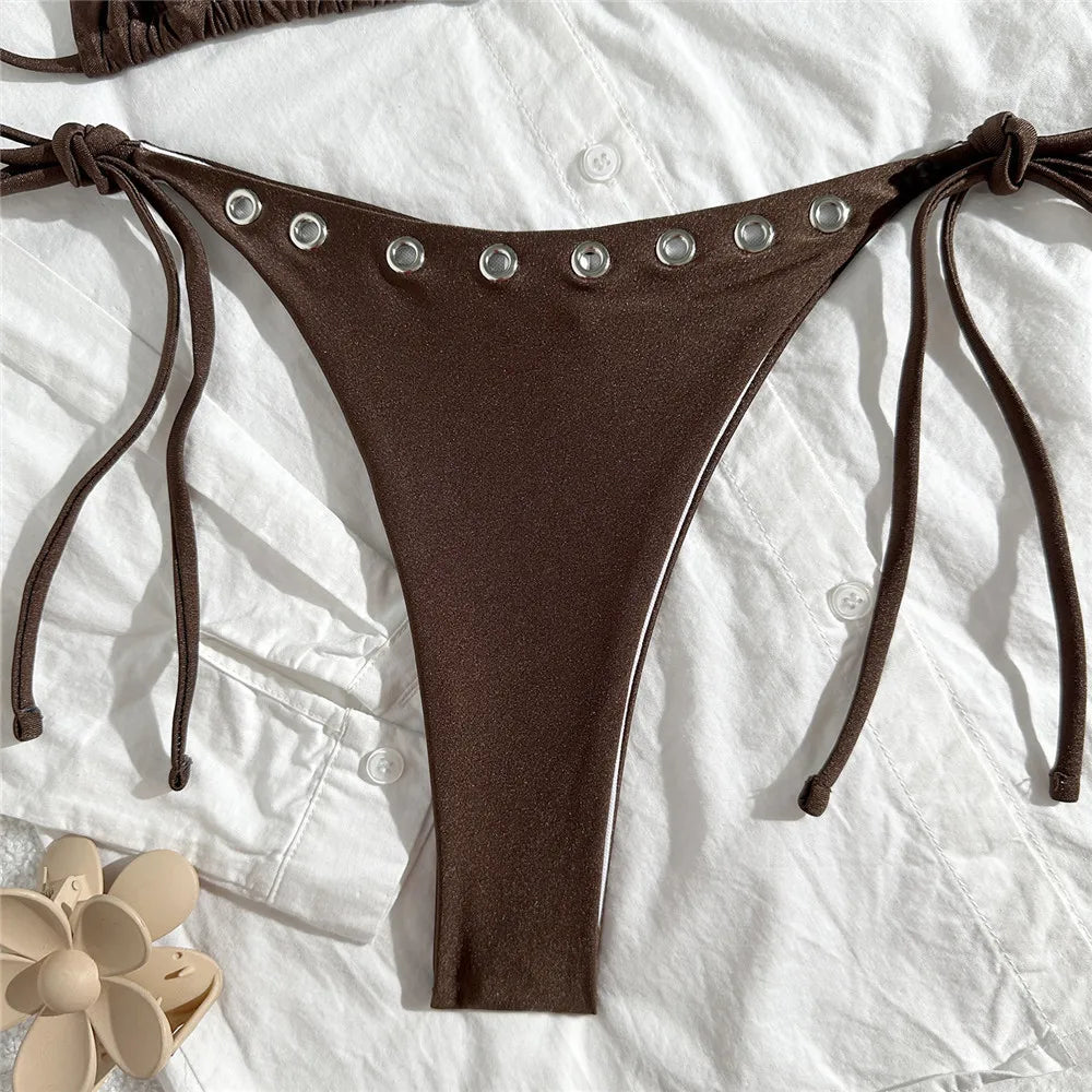Sexy Black Rivet Holes Micro Bikini Thong Set Swimsuit Women 2026 String Halter Triangle Swimwear Bathing Suit Bikinis De Mujer