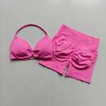 2PCS Backless Sports Bra High-Waisted Yoga Shorts Set Sexy Neck Hanging Design Abdomen Hip Lifting Fitness Outfit