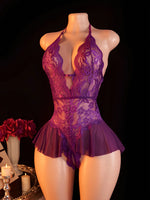 Women's Lace Bodysuit Halter Neck Deep V Backless Floral Sheer One Piece Lingerie with Ruffle Skirt for Nightwear