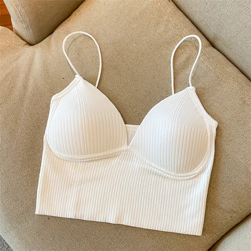 Women Tank Top With Built In Bras Fixed Cup Anti Glare Streetwear Crop Tops Female Seamless Underwear Padded Camisole Summer