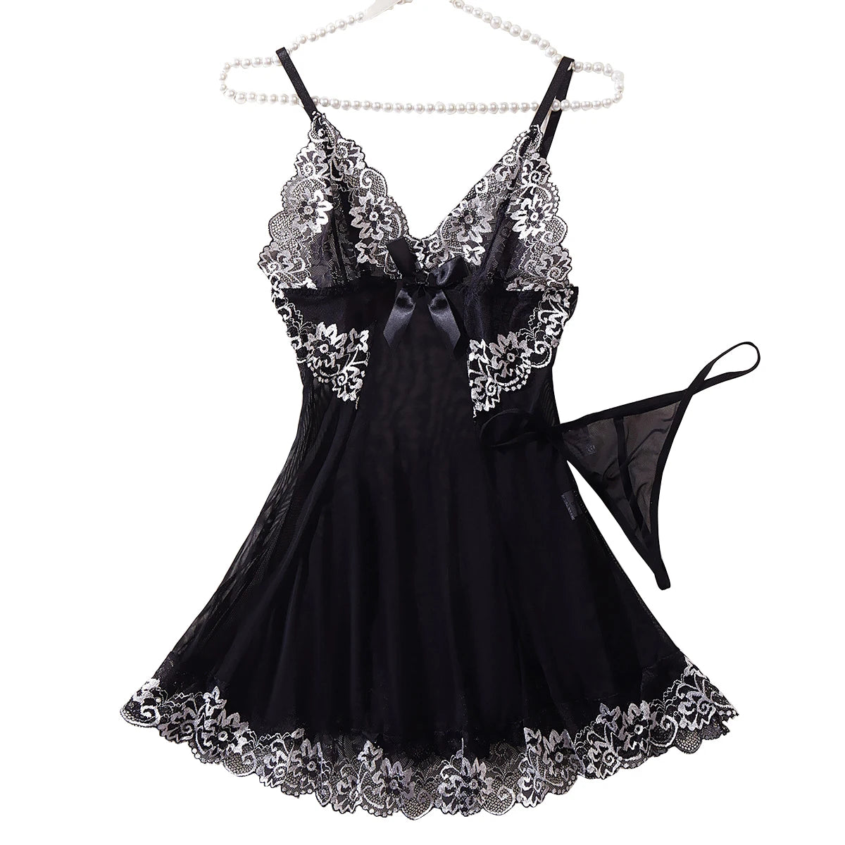 Contrast Black Lingerie Women Underwear Sleepwear Lace Nightdress And Thongs Pijamas Sets Female Nighty