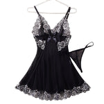Contrast Black Lingerie Women Underwear Sleepwear Lace Nightdress And Thongs Pijamas Sets Female Nighty