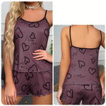 Women's Heart-Shaped Printed Pajamas Set Sexy Pajamas Silk Pleated Vest Shorts Set Soft and Comfortable Home Wear Sweet and Cute