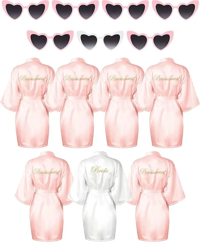 7 Pcs Bride Bridesmaid Robe Sets for Wedding Bridal Party Satin Robes Maid of Honor Robe with Heart Shaped Sunglasses