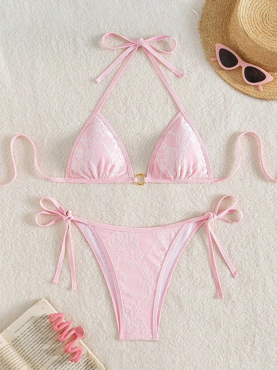 Embroidery Mesh Lace Halter High Cut Bikini Female Swimsuit Women Swimwear Two-pieces Bikini Set Bather Bathing Suit Swim Beach