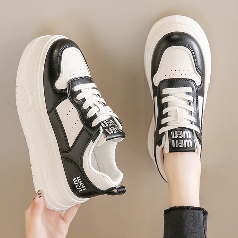 Pu Leather Thick Bottom Sneakers Women 2025 Breathable Platform Vulcanised Shoes Woman Womens All Match Lace Up Casual Sneakers