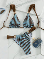 Sexy Blue Striped Micro Bikini Set 2026 Women Metal Strap Push Up Bra Pleate Thong Swimwear Summer Pool Bathing Suit Swimsuit