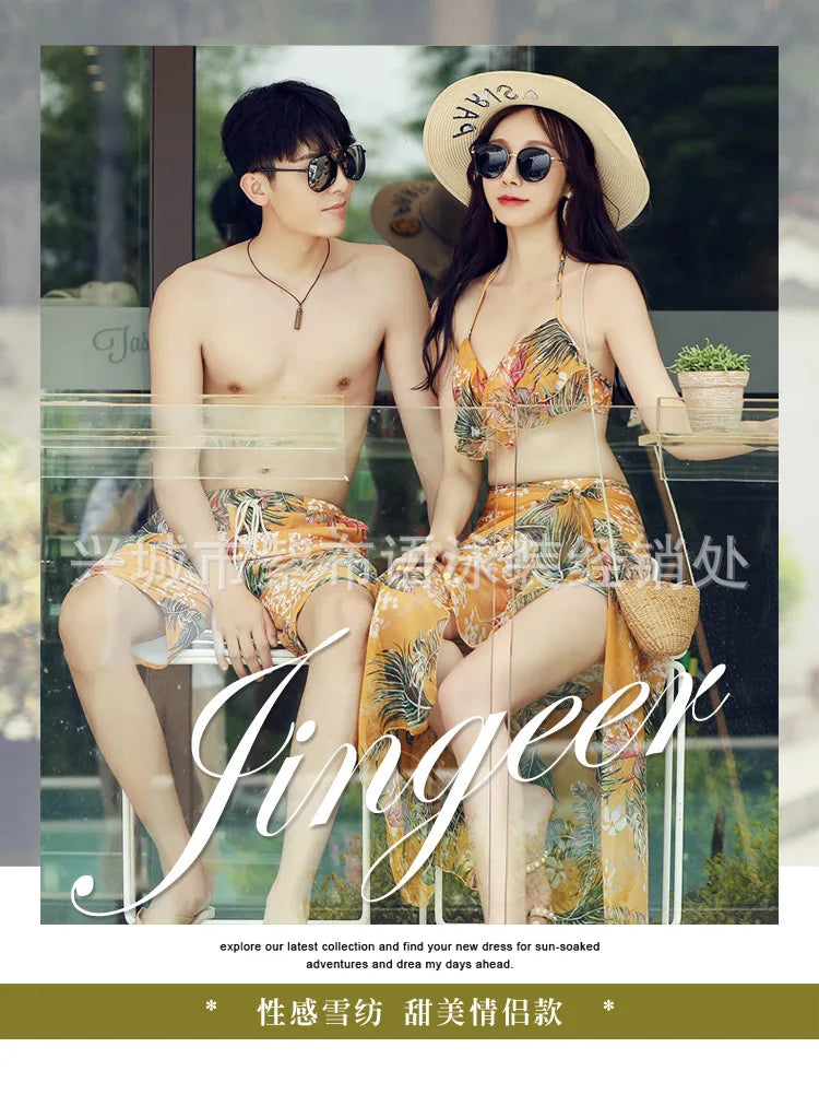 Swimsuit Fashionable Sweet Couple Swimsuit Bikini Three Piece Men's Beach Shorts