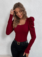 Phantasy New Y2k Tops Fashion Square Collar Slim Leg Sleeve Knitted Bubble Long Sleeve T-shirt Casual Style Vintage Clothing