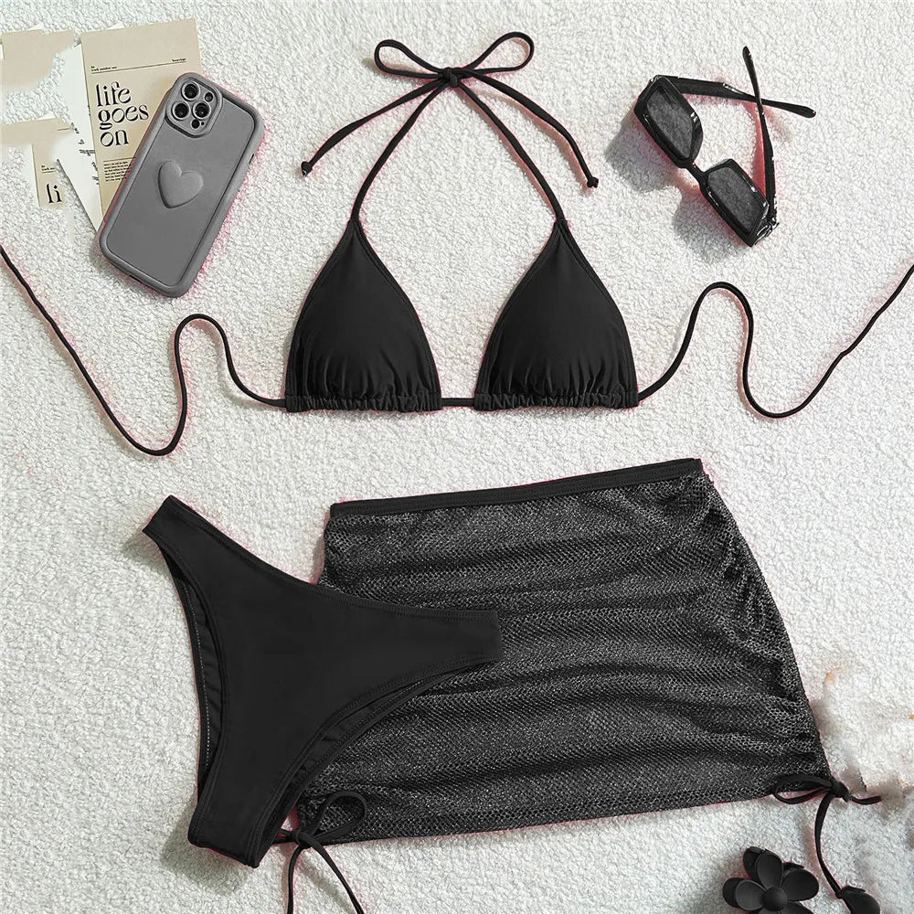 Solid Brown Swimwears String Halter Triangle 3 Piece Bikini Set Sexy Swimsuit Women 2026 Mesh Skirts Bathing Suit Bikinis Dames