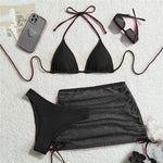Solid Brown Swimwears String Halter Triangle 3 Piece Bikini Set Sexy Swimsuit Women 2026 Mesh Skirts Bathing Suit Bikinis Dames