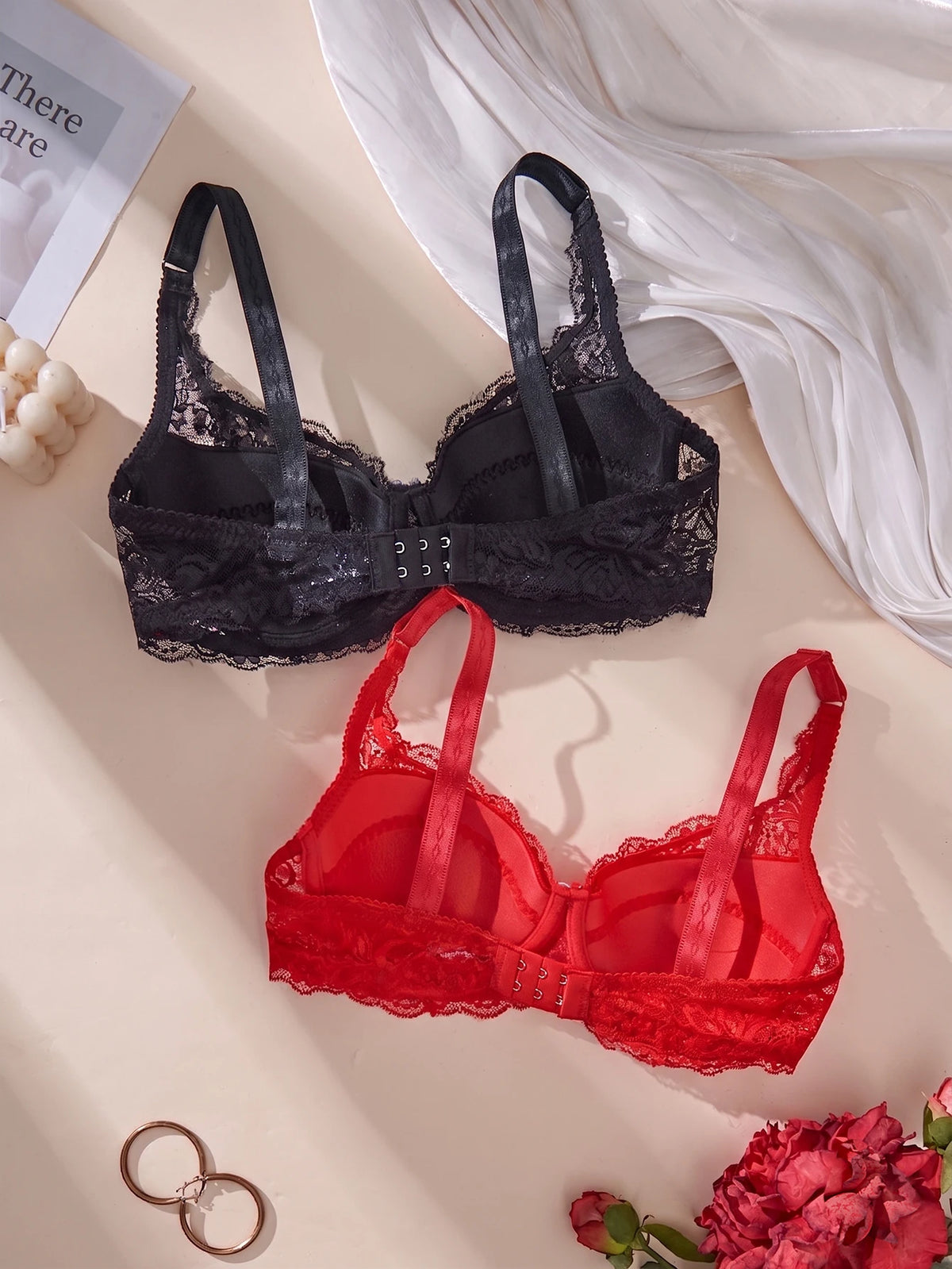 2Pcs Women's Sexy Bras Floral Lace Thin Push-Up Brassiere No Lining Cutout Breathable Underwear