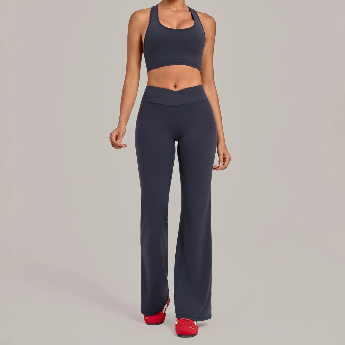 Breathable Stretch Yoga Sets Women Quick Drying Shockproof Sports Bra High Waist Bell Bottom Pants Gym Two-piece Fitness Suit