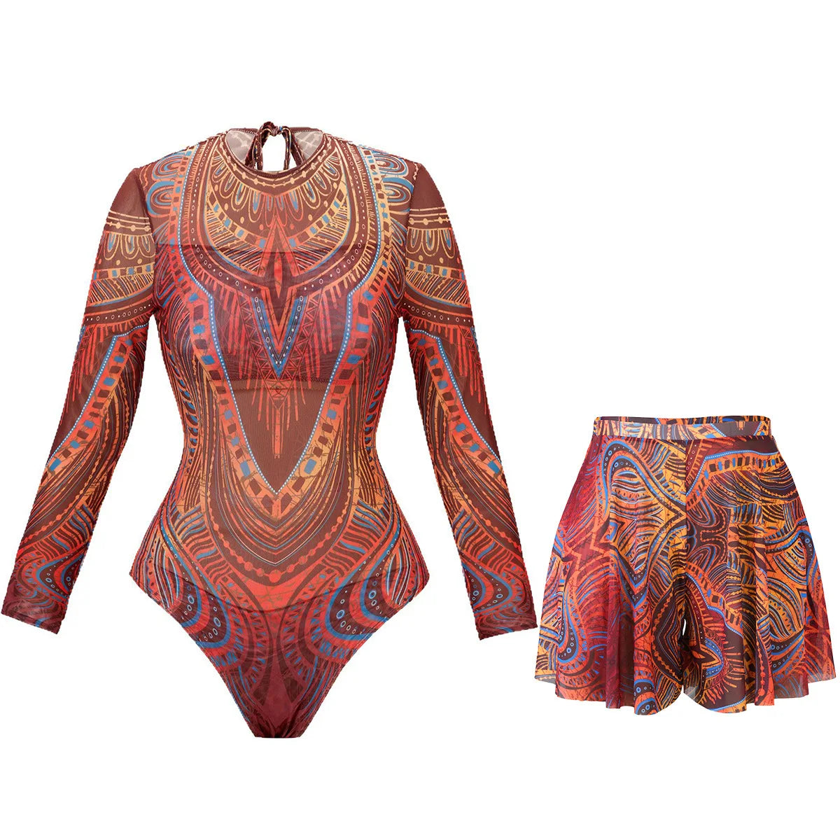 2025 Mesh Swimsuit with Long Pants High Waist Sexy Bathing Suit Swimdress Long Sleeve Beachwear Smart Casual Clothing for Women