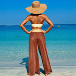 Sexy Bandeau Bikini Set 2025 Women Khaki Patchwork Front Metal High Waist Mesh Panties 3 Piece Swimsuit Bathing Suit Swimwear