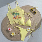 Vintage 3D Flower Thong Bikini Set 2026 Women Summer Fruit Print Cover Up 3 Piece Swimwear Push Up Bra Bathing Suit Swimsuit