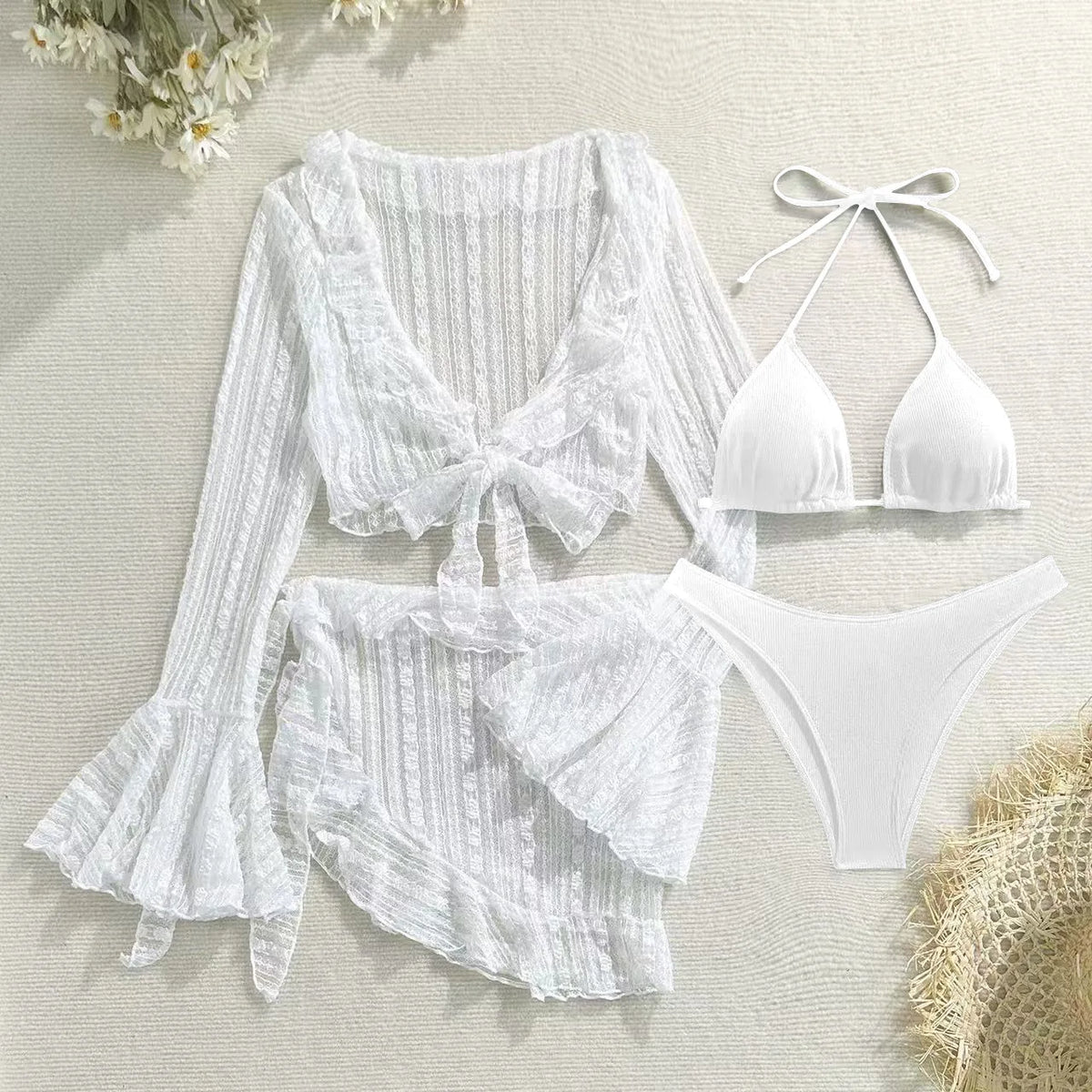 Sexy 4 Pieces Bikinis Sets Women Mesh Long Sleeve Cover Up Beach Skirt Swimwear Holiday Beach Bathing Suit Patchwork Swimsuit