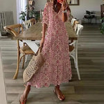 Foridol Casual Hollow Out V Neck White Lace Maxi Dress Vintage A-line Loose Embrioderied Floral Print Bohemian Long Sundress