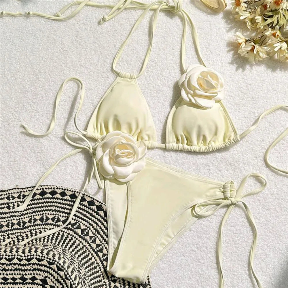 Sexy 3D Flower Black Triangle Bikinis Sets Micro Thong Swimsuit Women String Halter Bathing Suit Bikini 2026 Mujer Biquinis Swim