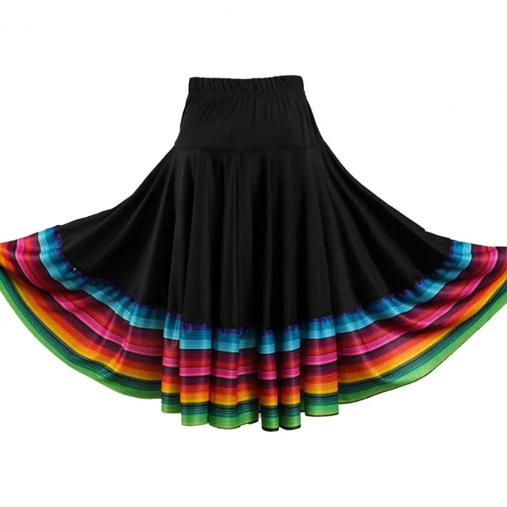 High Waist Spanish Swing Skirt Midi Skirt Ladies Folk Dance Skirt Elastic Large Swing Hem Mexican Flamenco Performance Skirts