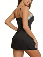 Women's Sexy Summer Nightgown, Short Lace Trim Hip-Hugging Black Camisole Sleep Mini Dress,Homewear Loungewear