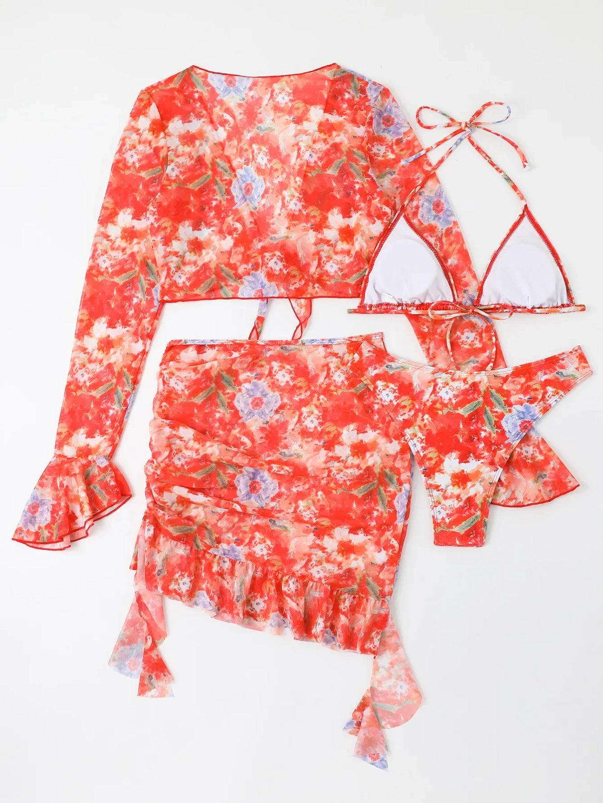 Sexy Floral Print Ruffle Bikini 2026 Women 4 Pack Swimsuit Brazilian Swimwear Female Beachwear Thong Bathing Suit Beach Cover-Up