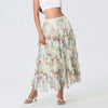 Early Fall Floral Print Ruffle Mesh Skirt Women Irregular Flowy A-line Midi Skirt for Travel, Beach, Shopping
